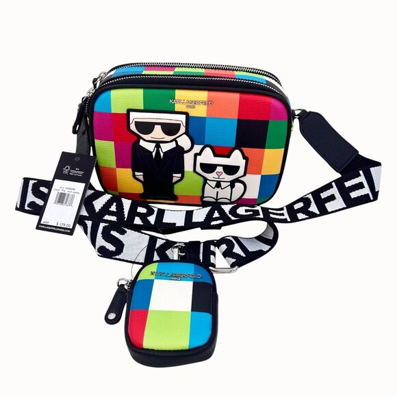 NWT KARL LAGERFELD PARIS ANIMATED COLORBLOCK CROSSBODY BAG W/ CHOUPETTE & POUCH - Picture 1 of 16
